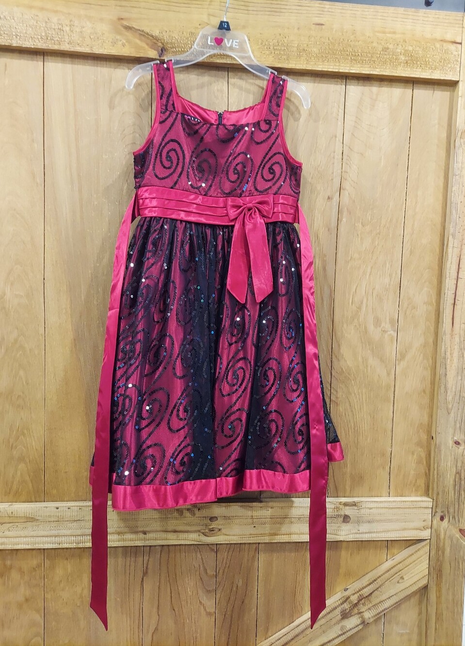 LOVE Special Occasions Girl's Size 12 Red Dress w Black Mesh Sequins EUC